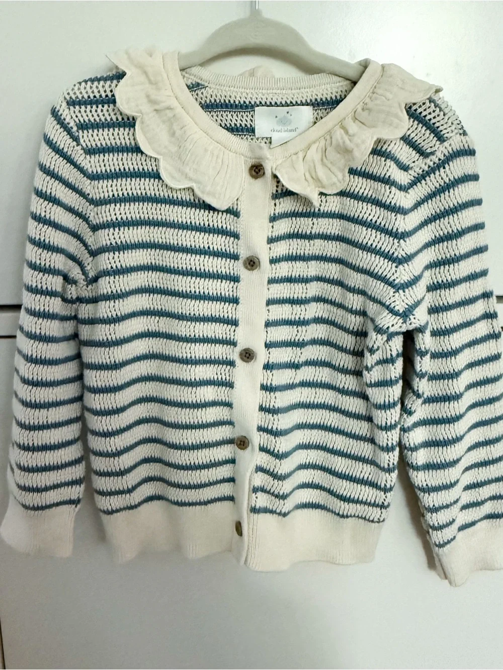 Cream and Blue Striped Ruffle Collar Knit Cardigan + Bloomers Matching Set 24M
